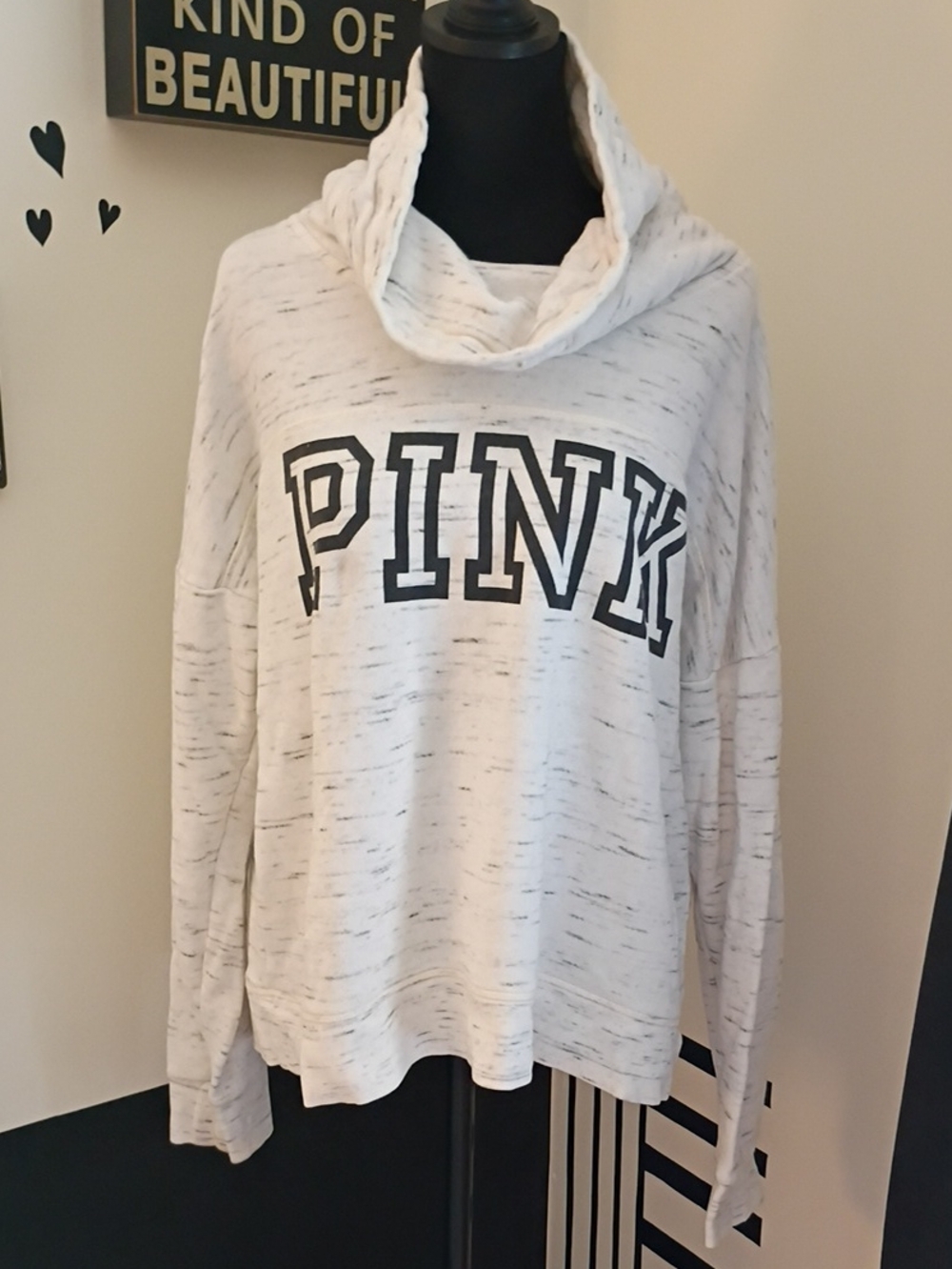 PINK Victoria's Secret Grey/ Wht. Marled Cowl Neck Sweatshirt with Black Logo